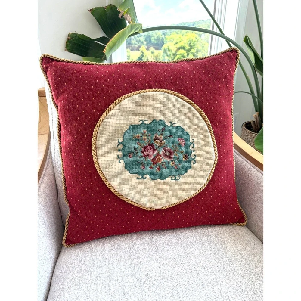 Vintage Needlepoint Floral Throw Pillow Burgundy Red Gold Rope Trim 20x20